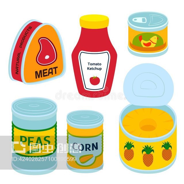 收集各种罐头食品金属容器产品矢量插图。Collection of various tins canned goods food metal container product vector illustration.
