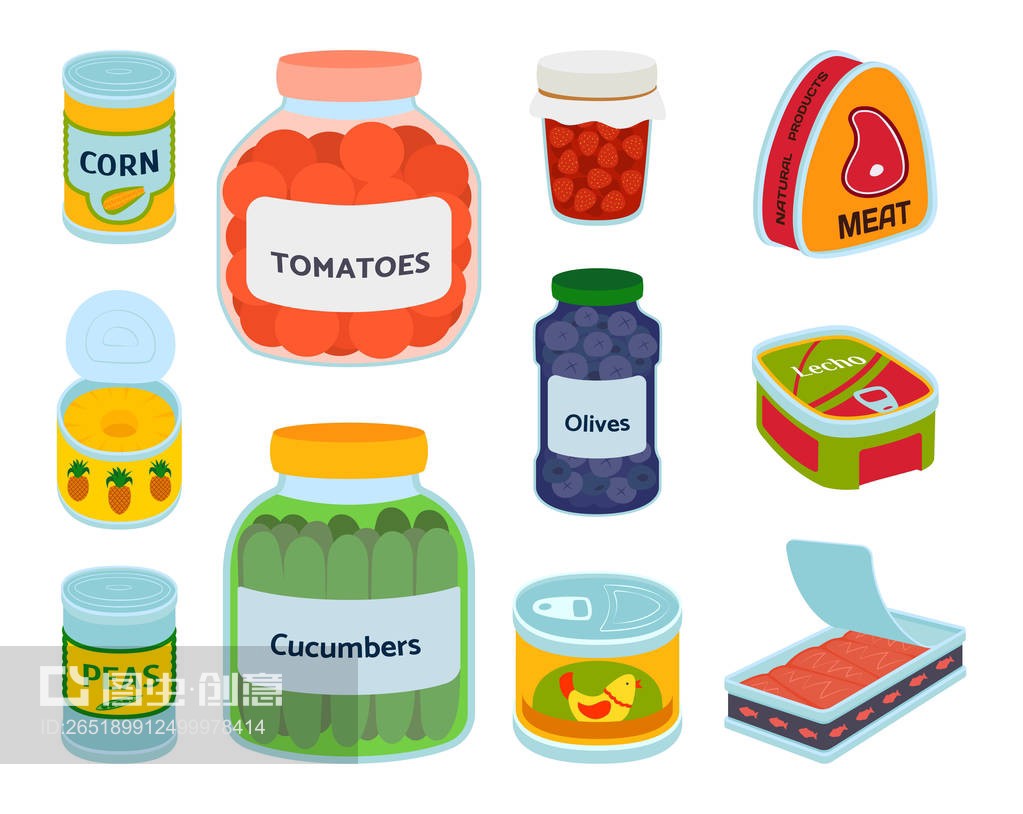 收集各种罐头食品金属容器产品矢量插图。Collection of various tins canned goods food metal container product vector illustration.